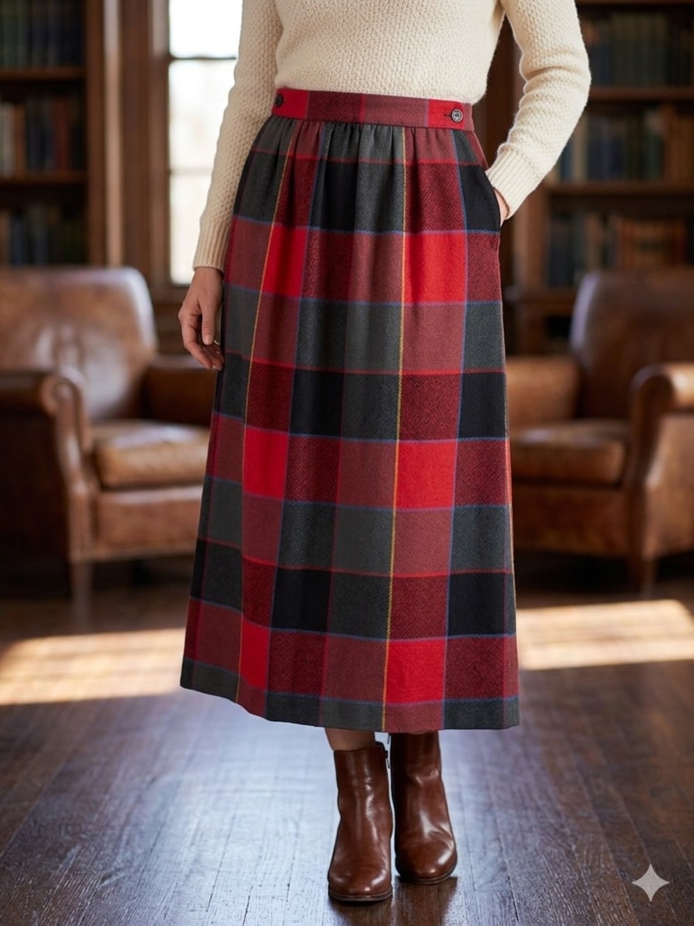 Vintage Plaid Wool Midi Skirt in Red and Black